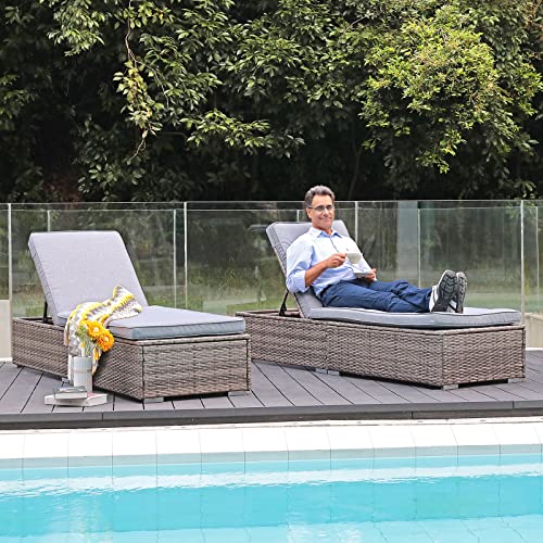 Patiorama Outdoor Patio Chaise Lounge Chair, Elegant Reclining Adjustable Pool Rattan Chaise Lounge Chair with Cushion, Grey PE Wicker, Steel Frame,Light Grey, Set of 2