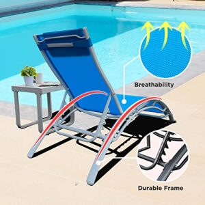 HOMEZILLIONS Patio Chaise Lounge Set of 3 Outdoor Lounge Chairs Adjustable Chaise Lounge 5-Level Pool Chairs with Headrest for Beach, Side Table Included, Blue