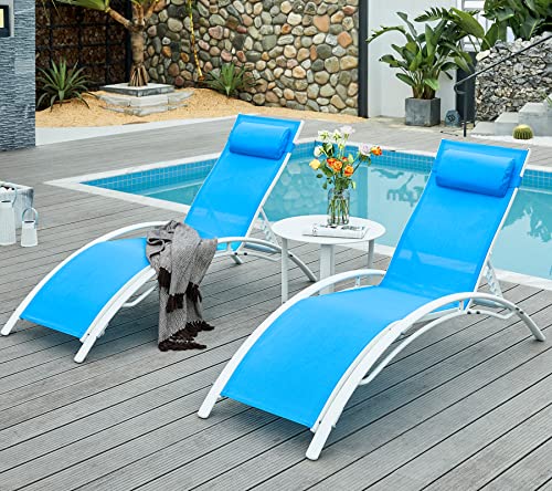 HOMEZILLIONS Patio Chaise Lounge Set of 3 Outdoor Lounge Chairs Adjustable Chaise Lounge 5-Level Pool Chairs with Headrest for Beach, Side Table Included, Blue