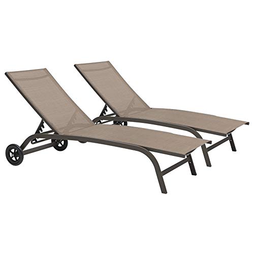 Crestlive Products Aluminum Chaise Lounge Chairs with Wheels Outdoor Adjustable Recliner Five-Position and Full Flat Tanning Chair All Weather for Patio, Beach, Yard, Pool (2PCS Brown)