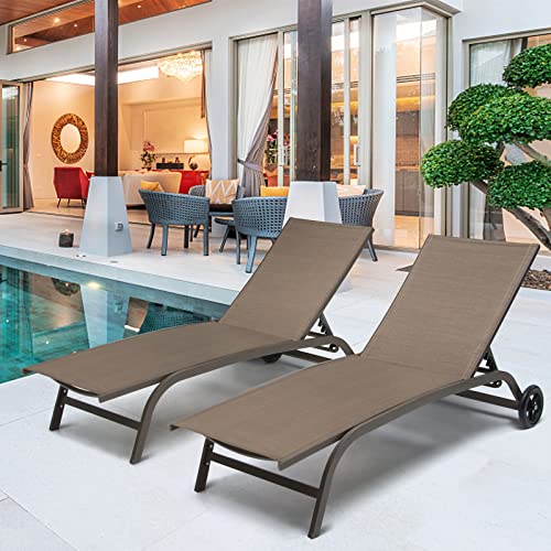 Crestlive Products Aluminum Chaise Lounge Chairs with Wheels Outdoor Adjustable Recliner Five-Position and Full Flat Tanning Chair All Weather for Patio, Beach, Yard, Pool (2PCS Brown)