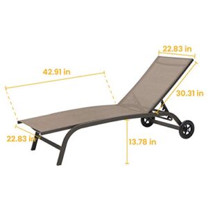 Crestlive Products Aluminum Chaise Lounge Chairs with Wheels Outdoor Adjustable Recliner Five-Position and Full Flat Tanning Chair All Weather for Patio, Beach, Yard, Pool (2PCS Brown)