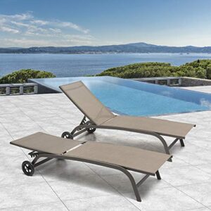 Crestlive Products Aluminum Chaise Lounge Chairs with Wheels Outdoor Adjustable Recliner Five-Position and Full Flat Tanning Chair All Weather for Patio, Beach, Yard, Pool (2PCS Brown)