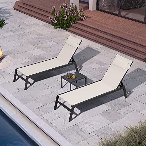 PURPLE LEAF Outdoor Lounge Chair Set Aluminum Patio Chaise Lounger with Side Table and Pillow for Outside Pool Beach Sunbathing Tanning Recliner Beige