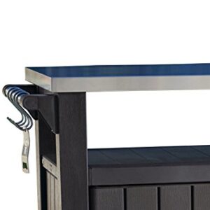 Keter Unity XL Portable Outdoor Table and Storage Cabinet w/ Accessory Hooks, Stainless Steel Top for Patio Kitchen Island or Bar Cart, Espresso Brown