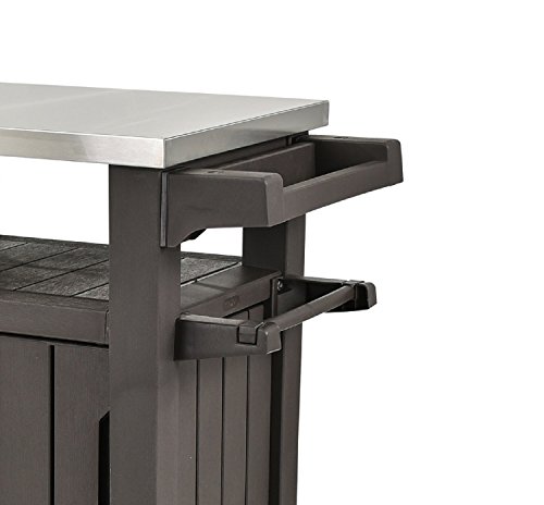 Keter Unity XL Portable Outdoor Table and Storage Cabinet w/ Accessory Hooks, Stainless Steel Top for Patio Kitchen Island or Bar Cart, Espresso Brown