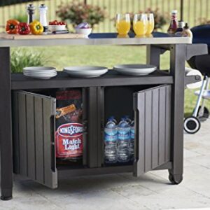 Keter Unity XL Portable Outdoor Table and Storage Cabinet w/ Accessory Hooks, Stainless Steel Top for Patio Kitchen Island or Bar Cart, Espresso Brown