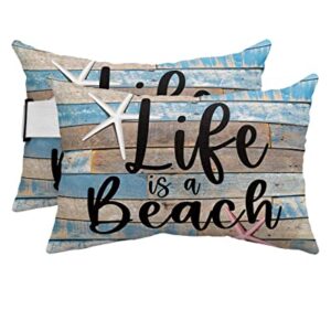 Recliner Head Pillow Ledge Loungers Chair Pillows with Insert Wooden Board Quotes - Life is Better at The Beach Lumbar Pillow with Adjustable Strap Patio Garden Cushion for Sofa Bench Couch, 2 PCS