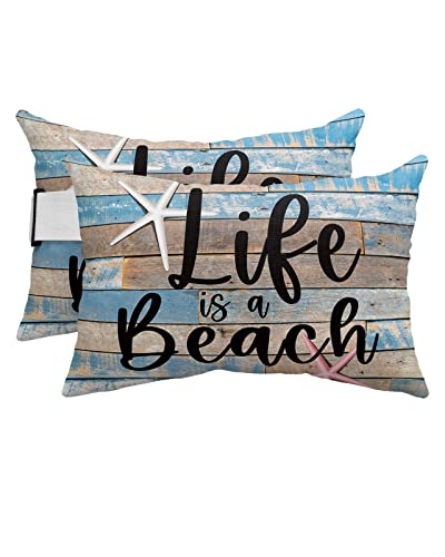 Recliner Head Pillow Ledge Loungers Chair Pillows with Insert Wooden Board Quotes - Life is Better at The Beach Lumbar Pillow with Adjustable Strap Patio Garden Cushion for Sofa Bench Couch, 2 PCS