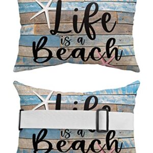 Recliner Head Pillow Ledge Loungers Chair Pillows with Insert Wooden Board Quotes - Life is Better at The Beach Lumbar Pillow with Adjustable Strap Patio Garden Cushion for Sofa Bench Couch, 2 PCS