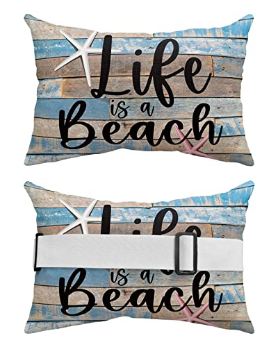 Recliner Head Pillow Ledge Loungers Chair Pillows with Insert Wooden Board Quotes - Life is Better at The Beach Lumbar Pillow with Adjustable Strap Patio Garden Cushion for Sofa Bench Couch, 2 PCS