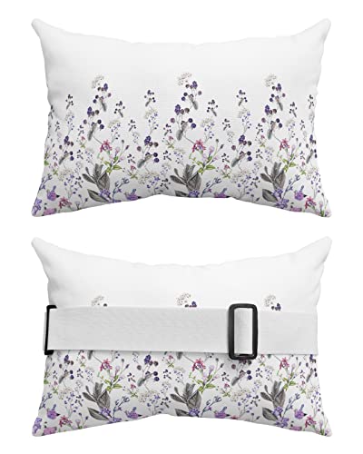 Recliner Head Pillow Ledge Loungers Chair Pillows with Insert Summer Plants Purple Flowers Pattern Lumbar Pillow with Adjustable Strap Outside Patio Decorative Garden Cushion for Bench Couch, 2 PCS