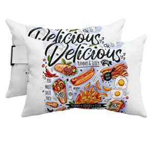 Recliner Head Pillow Ledge Loungers Chair Pillows with Insert Food Doodle Delicious Hot Dog Bacon Lumbar Pillow with Adjustable Strap Outside Patio Decorative Garden Cushion for Bench Couch, 2 PCS