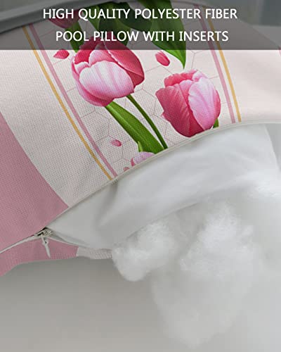 Recliner Head Pillow Ledge Loungers Chair Pillows with Insert Mother's Day Watercolor Tulips Pink Border Lumbar Pillow with Adjustable Strap Outdoor Waterproof Patio Pillows for Beach Pool, 2 PCS