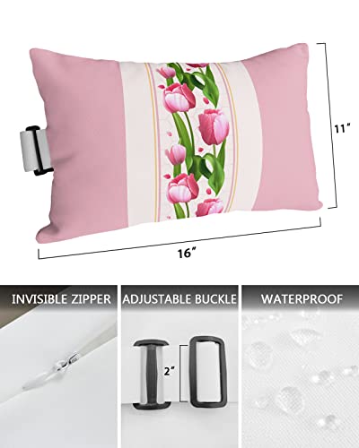 Recliner Head Pillow Ledge Loungers Chair Pillows with Insert Mother's Day Watercolor Tulips Pink Border Lumbar Pillow with Adjustable Strap Outdoor Waterproof Patio Pillows for Beach Pool, 2 PCS