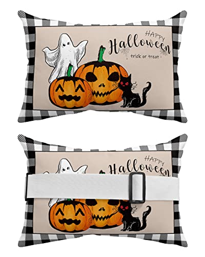 Recliner Head Pillow Ledge Loungers Chair Pillows with Insert Trick or Treat Pumpkin Ghost Black Cat Lumbar Pillow with Adjustable Strap Outdoor Waterproof Patio Pillows for Beach Pool Chair, 2 PCS