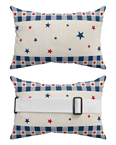 Recliner Head Pillow Ledge Loungers Chair Pillows with Insert 4th of July USA Flag Star Patriot Cotton Linen Lumbar Pillow with Adjustable Strap Outdoor Waterproof Patio Pillows for Beach Pool, 2 PCS