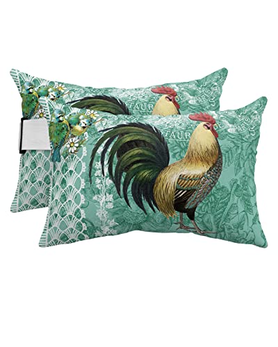 Recliner Head Pillow Ledge Loungers Chair Pillows with Insert Farmhouse Animal Rooster Retro Green Lumbar Pillow with Adjustable Strap Outdoor Waterproof Patio Pillows for Beach Pool, 2 PCS