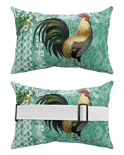 Recliner Head Pillow Ledge Loungers Chair Pillows with Insert Farmhouse Animal Rooster Retro Green Lumbar Pillow with Adjustable Strap Outdoor Waterproof Patio Pillows for Beach Pool, 2 PCS