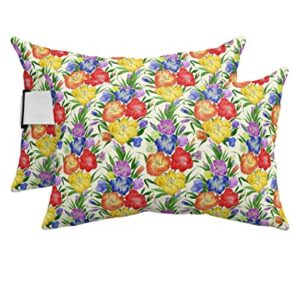 Recliner Head Pillow Ledge Loungers Chair Pillows with Insert Flower Irises Colourful Flower with Green Leaves Lumbar Pillow with Adjustable Strap Outdoor Waterproof Patio Pillows, 2 PCS