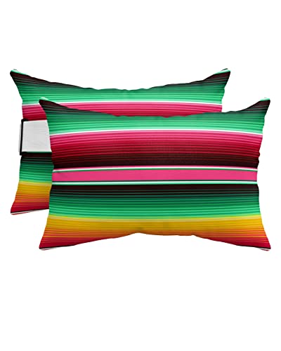 Recliner Head Pillow Ledge Loungers Chair Pillows with Insert Colorful Mexican Stripes Green Red Yellow Lumbar Pillow with Adjustable Strap Outdoor Waterproof Patio Pillows for Beach Pool, 2 PCS