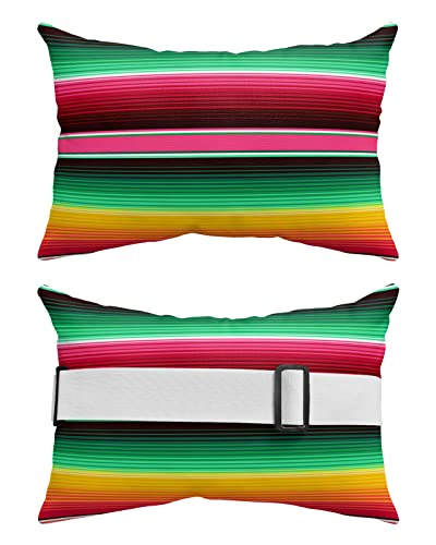 Recliner Head Pillow Ledge Loungers Chair Pillows with Insert Colorful Mexican Stripes Green Red Yellow Lumbar Pillow with Adjustable Strap Outdoor Waterproof Patio Pillows for Beach Pool, 2 PCS