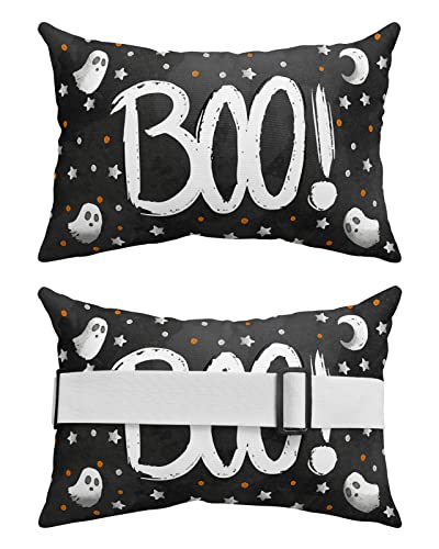 Recliner Head Pillow Ledge Loungers Chair Pillows with Insert Cartoon Ghost Stars Polka Dots Black Lumbar Pillow with Adjustable Strap Outside Patio Decorative Garden Cushion for Bench Couch, 2 PCS