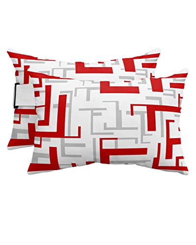 Recliner Head Pillow Ledge Loungers Chair Pillows with Insert Red Grey Abstract Geometry Modern Art Mid Century Lumbar Pillow with Adjustable Strap Patio Garden Cushion for Sofa Bench Couch, 2 PCS