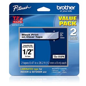 Brother Genuine P-touch TZE-1312PK Tape, 1/2" (0.47") Standard Laminated P-touch Tape, Black on Clear, Perfect for Indoor or Outdoor Use, Water Resistant, 26.2 Feet (8M) each, Two-Pack