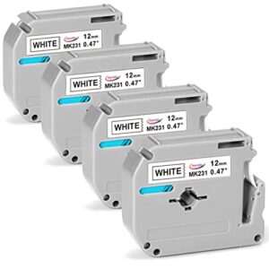 anycolor compatible m-k231s label tape replacement for brother p touch m tape m-k231 m231 mk231 12mm 0.47 white, work with brother ptouch pt-m95 pt-90 pt-70 pt-65 pt-85 45 label maker refills, 4-pack
