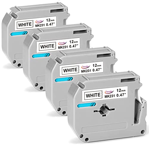 Anycolor Compatible M-K231s Label Tape Replacement for Brother P Touch M Tape M-K231 M231 MK231 12mm 0.47 White, Work with Brother Ptouch PT-M95 PT-90 PT-70 PT-65 PT-85 45 Label Maker Refills, 4-Pack