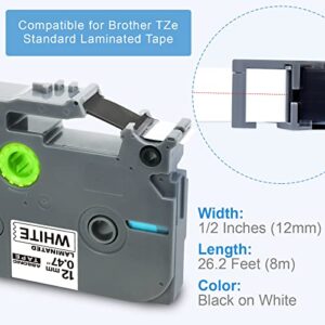 Absonic 6-Pack Tz Tape 12mm 0.47" Laminated White Compatible for Brother TZe-231 TZ-231 TZe231 P Touch Label Tape Tze 12mm White for PT-D210 PT-D220 PT-H110 PT-2040C PTD400 PTD600 PTD610BT Label Maker