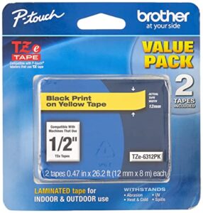 brother genuine p-touch, tze-6312pk tape ½” (12mm) 2-pack laminated p-touch tape, black on yellow perfect for indoor or outdoor use, water resistant, 26.2 ft. (8m)