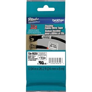 brother genuine p-touch tze-fx251 tape, 1″ (0.94″) wide flexible-id laminated tape, black on white, best suited for wire wrapping and flagging, water-resistant, 0.94″ x 26.2′ (24mm x 8m), tzefx251