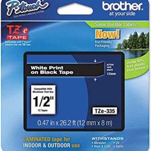 Brother Genuine P-touch TZE-335 Label Tape, 1/2" (0.47") Standard Laminated P-touch Tape, White on black, Laminated for Indoor or Outdoor Use, Water Resistant, 26.2 Feet (8M), Single-Pack