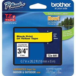 brother genuine p-touch tze-641 tape, 3/4″ (0.7″) standard laminated p-touch tape, black on yellow, for indoor or outdoor use, water-resistant, 26.2 ft (8 m), single-pack