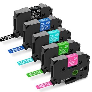 label kingdom compatible label tape replacement for brother p touch tze tz tape 12mm 0.47 inch laminated (white on black,blue,turquoise blue,berry pink,lime green) for brother ptd210 pth110 ptd400