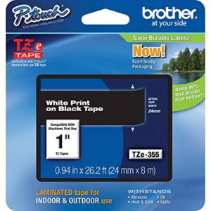brother genuine p-touch tze-355 tape, 1″ (0.94″) wide standard laminated tape, white on black, laminated for indoor or outdoor use, water-resistant, 0.94″ x 26.2′ (24mm x 8m), single-pack, tze355
