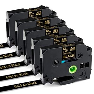 greateam gold on black label tape compatible with brother p-touch tz tze black tape 12mm 0.47″ tze-334 use for brother label maker pt-d600 pt-h110 pt-d210 pt-d400 pt-p710bt pt-d200, 5-pack