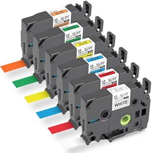 6 pack compatible with p-touch label tape 12mm 0.47 inch laminated tze tape black on white/fluorescent orange/red/blue/yellow/green replacement for brother p touch pt-h110 d600 d210 label maker