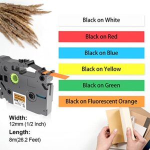 6 Pack Compatible with P-Touch Label Tape 12mm 0.47 inch Laminated Tze Tape Black on White/Fluorescent Orange/Red/Blue/Yellow/Green Replacement for Brother P Touch PT-H110 D600 D210 Label Maker