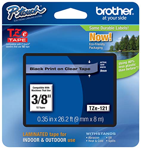 Genuine Brother 3/8" (9mm) Black on Clear TZe P-Touch Tape for Brother PT-D200, PTD200 Label Maker