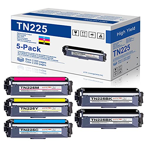 5-Pack(2BK+1C+1M+1Y) TN 225 Toner Cartridge Replacement for Brother TN225 TN-225 MFC-9130CW HL-3140CW HL-3170CDW HL-3180CDW MFC-9330CDW MFC-9340CDW Color Printer