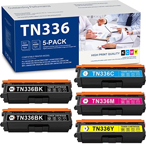 5 Pack TN336 TN-336 (TN-336BK TN-336C TN-336M TN-336Y) Toner Cartridge Set Replacement for Brother HL-L8350CDW HL-L8250CDN HL-L8350CDWT MFC-L8850CDW MFC-L8600CDW Printer (2BK+1C+1M+1Y)