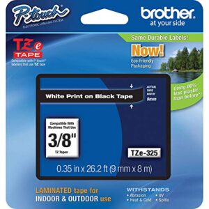 brother genuine p-touch tze-325 tape, 3/8″ (0.35″) wide standard laminated tape, white on black, laminated for indoor or outdoor use, water-resistant, 0.35″ x 26.2′ (9mm x 8m), single-pack, tze325