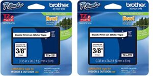 brother genuine p-touch 2-pack tze-221 laminated tape, black print on white standard adhesive laminated tape for p-touch label makers, each roll is 0.35″/9mm (~ 3/8″) wide, 26.2 (8m) long