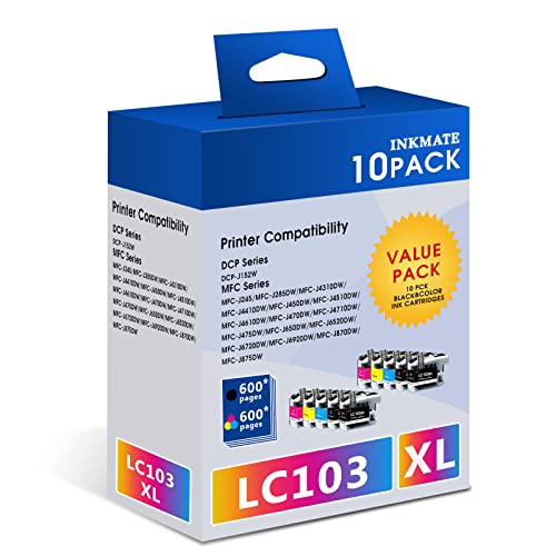 10Pack LC103 Ink Cartridges for Brother Printer for Brother LC103 XL Ink Cartridges Value Pack Replacement with Brother LC103XL LC-103XL LC101 Work with MFC-J870DW MFC-J475DW MFC-j470DW MFC-J450DW