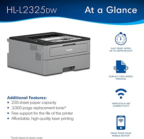 Brother HL-23 25DW Series Compact Monochrome Wireless Laser Printer - Mobile Printing - Auto Duplex Printing - USB Connectivity - Print Up to 26 Pages/min - 1-line LCD Display + HDMI Cable