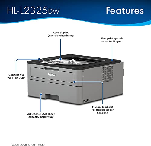 Brother HL-23 25DW Series Compact Monochrome Wireless Laser Printer - Mobile Printing - Auto Duplex Printing - USB Connectivity - Print Up to 26 Pages/min - 1-line LCD Display + HDMI Cable