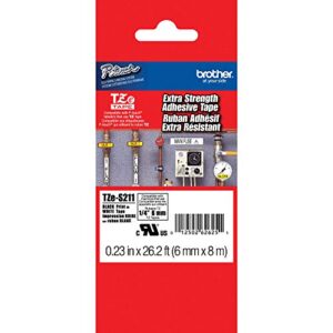 brother genuine p-touch tze-s211 tape, 1/4″ (0.23″) wide extra-strength adhesive laminated tape, black on white, laminated for indoor or outdoor use, water-resistant,0.23″ x 26.2′ (6mm x 8m), tze-s211
